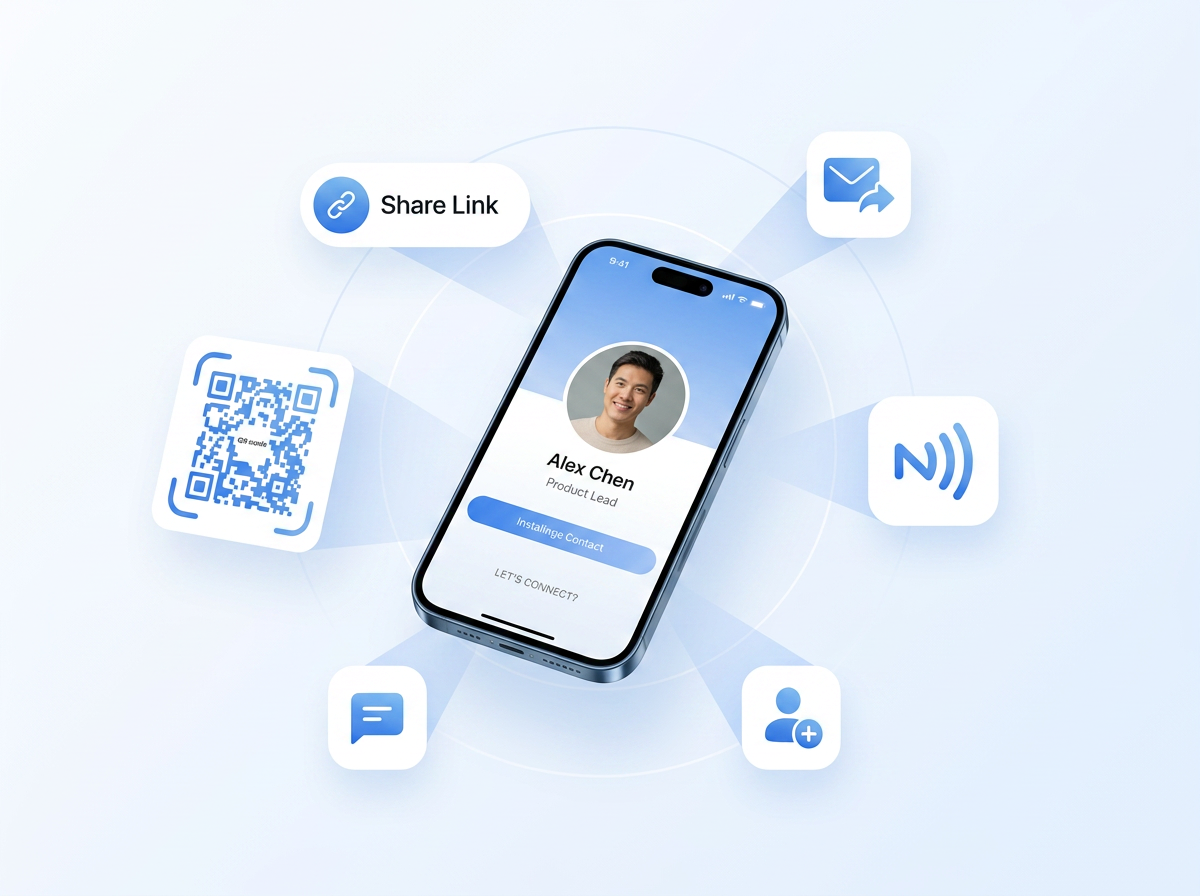 Contact details shared by NFC, QR code, link, email and message