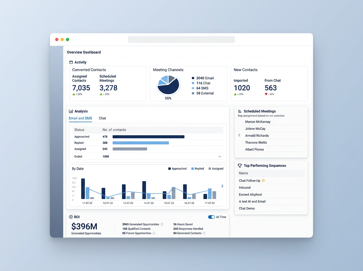 Analytics dashboard with converted contacts, activity analysis and ROI